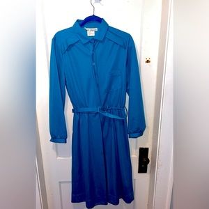 80s style teal button up dress with belt